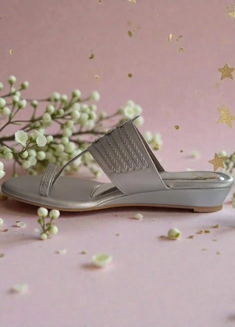 Dhaga Nysa Silver Wedge Heel Kolhapuri Sandals for Women