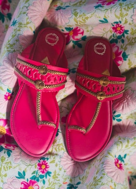 Dhaga Ira Pink Embroidered Flat Kolhapuri Chappal for Women