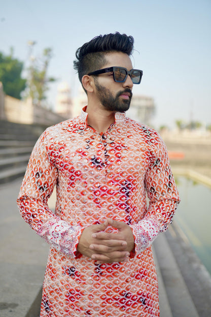 Kzari Anar - Orange Batik with White Embroidery Rayon Kurta - PUSHMYCART