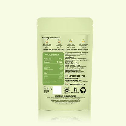 Kaayu Rituals Immunity Herbal Green Tea box and a cup of steaming green tea with herbs. - Image 4