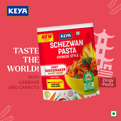 Keya Schezwan Pasta Chinese Style pack with cooked pasta in a bowl, garnished with spring onions. - Image 5