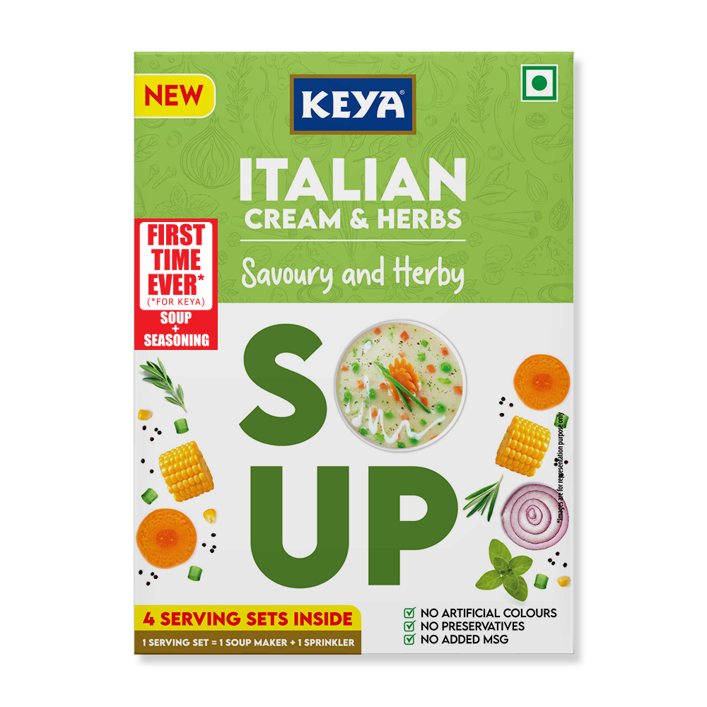Keyafoods Keya Italian Soup Cream & Herbs packet, with a bowl of creamy soup and fresh herbs.
