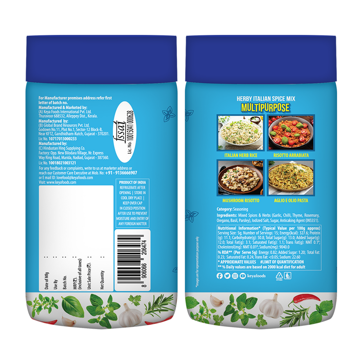 Keyafoods Keya Herby Italian Spice Mix in a clear glass jar with a black lid, surrounded by fresh herbs. - Image 3