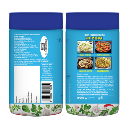 Keyafoods Keya Herby Italian Spice Mix in a clear glass jar with a black lid, surrounded by fresh herbs. - Image 3
