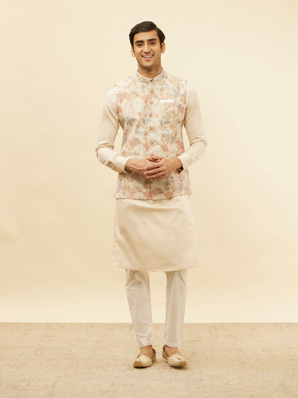 Manyavar Cream Beige Floral Printed Jacket - view 3