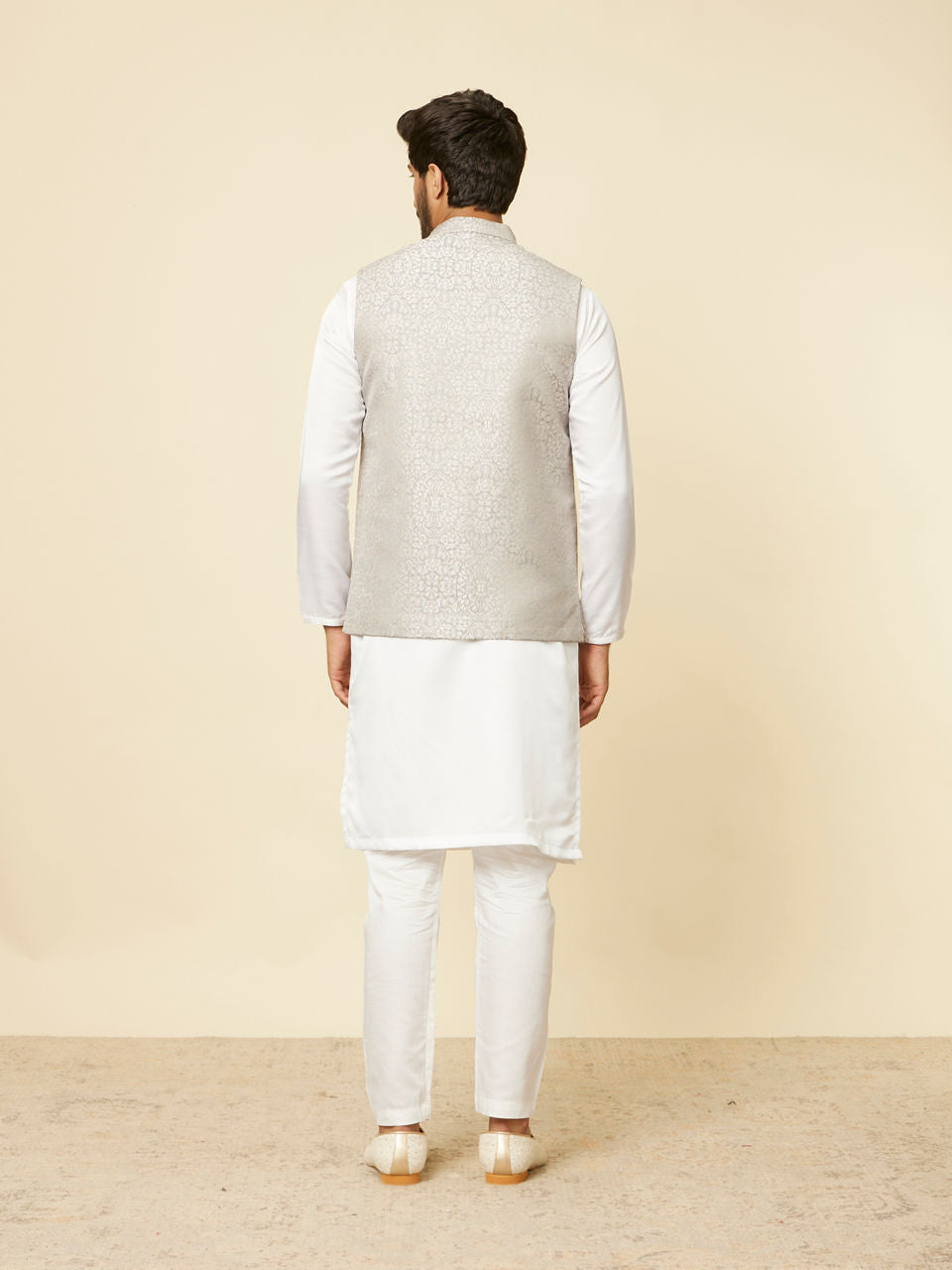 Manyavar Light Grey Medallion Patterned Nehru Jacket - view 4