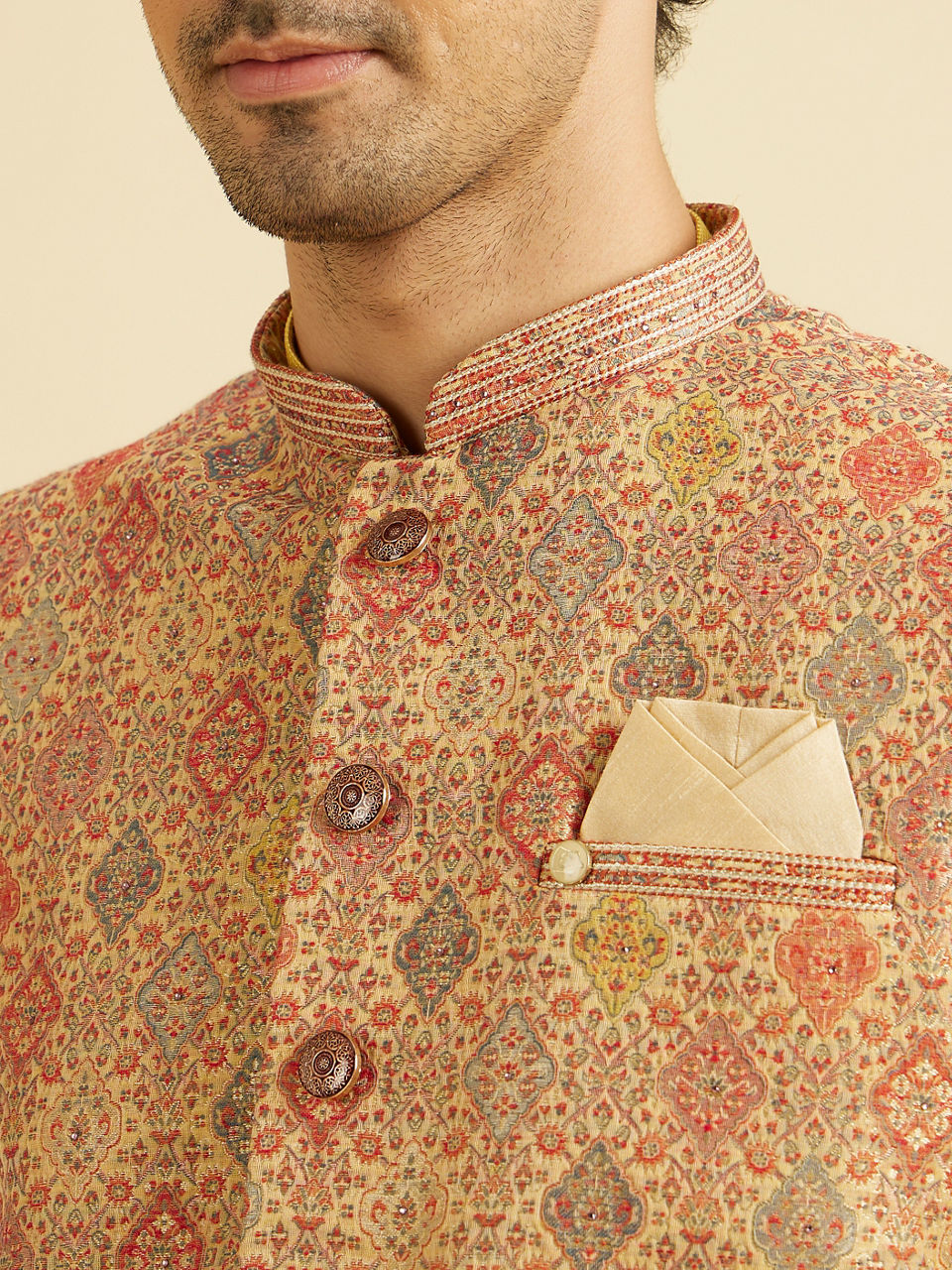 Manyavar Fawn Conch Shell Patterned Nehru Jacket - view 2