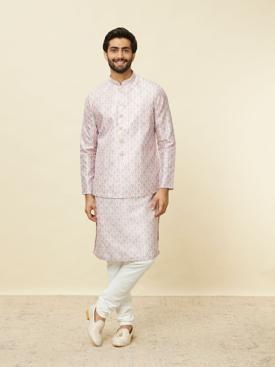 Manyavar Cherry Blossom Pink Medallion Patterned Jacket - view 3