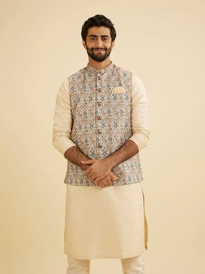 Manyavar Cream Beige Abstract Printed Jacket