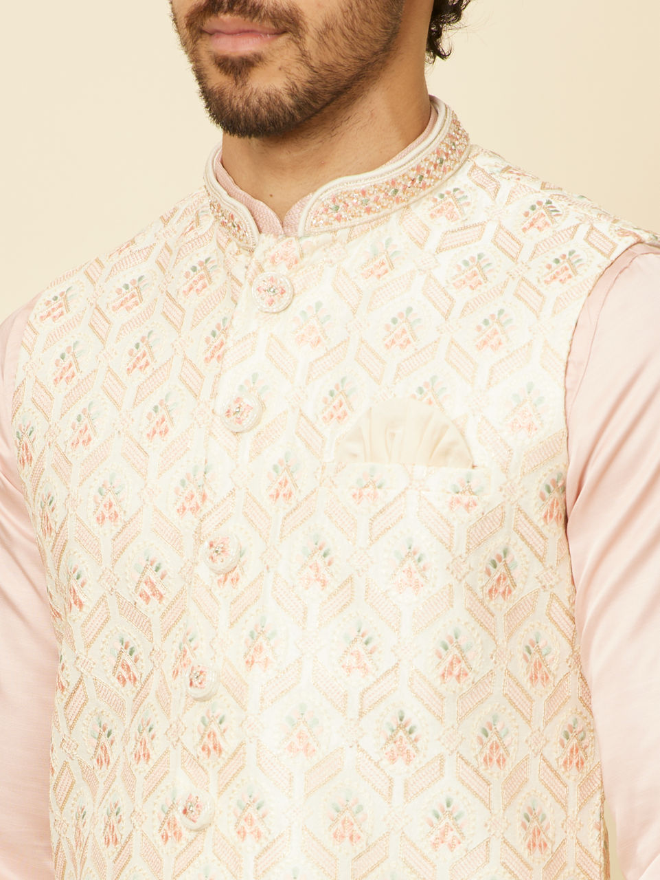 Manyavar Soft Cream Floral Embroidered Jacket - view 2