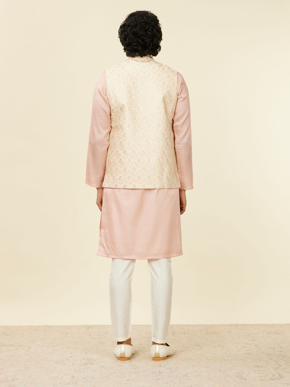 Manyavar Cream Beige Floral Patterned Nehru Jacket - view 4