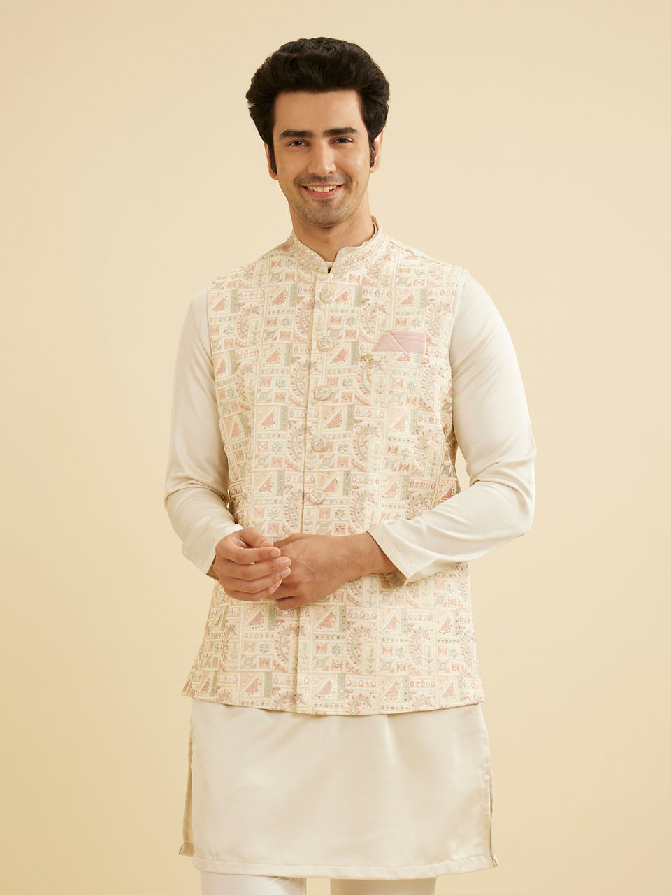 Manyavar Cream Satin Nehru Jacket