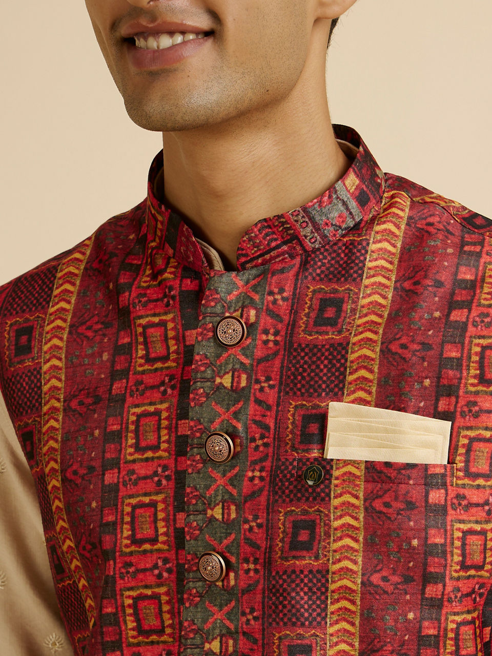 Manyavar Rust Aztec Inspired Print Nehru Jacket - view 4
