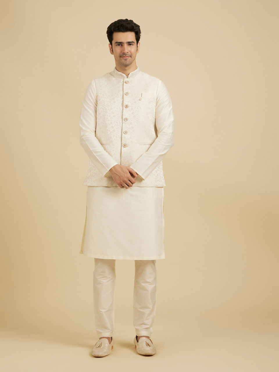 Manyavar Warm White Bel Buti Patterned Nehru Jacket