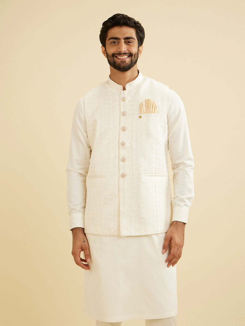 Manyavar Ivory Cream Linear Patterned Nehru Jacket