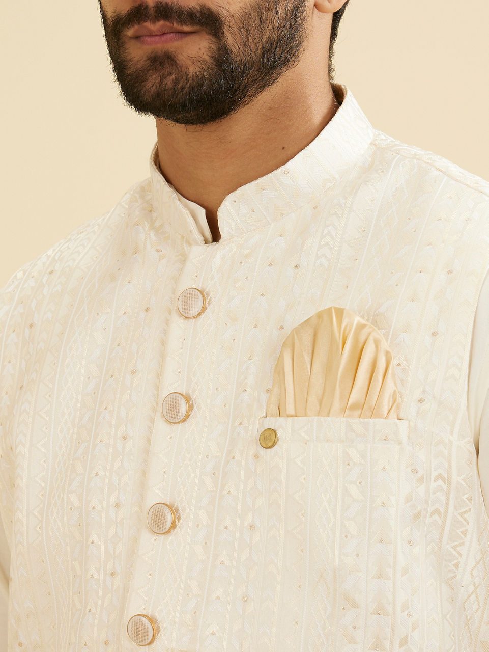 Manyavar Ivory Cream Linear Patterned Nehru Jacket - view 2