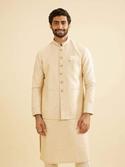 Manyavar Soft Beige Buta Jaal Patterned Jacket with Patra Work