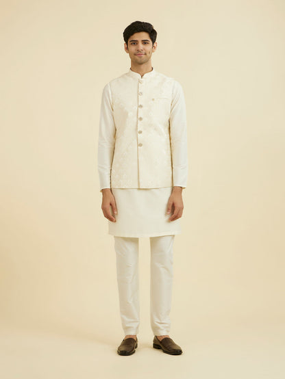 Manyavar Cream Brocade Nehru Jacket - view 3
