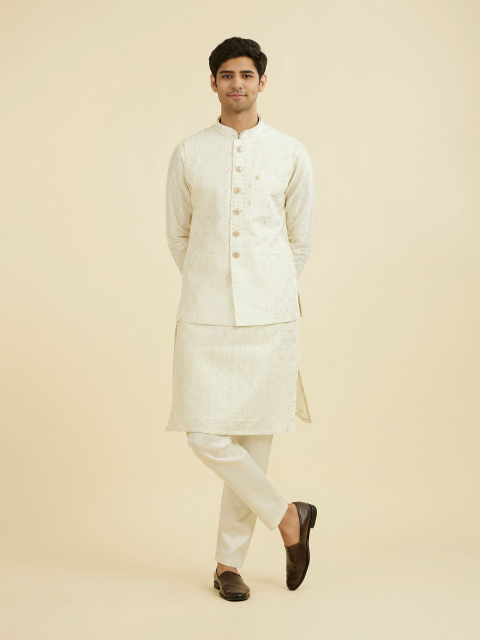 Manyavar Cream Brocade Nehru Jacket - view 3