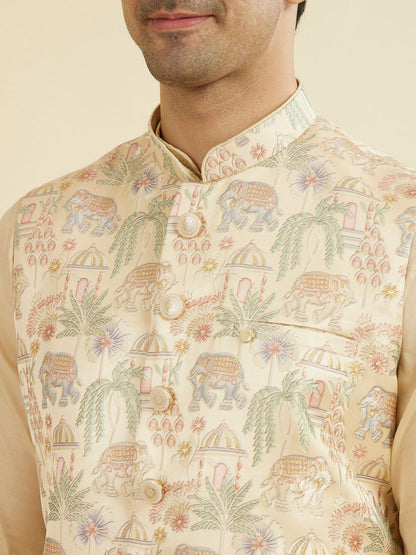 Manyavar Beige Brocade Nehru Jacket - view 2