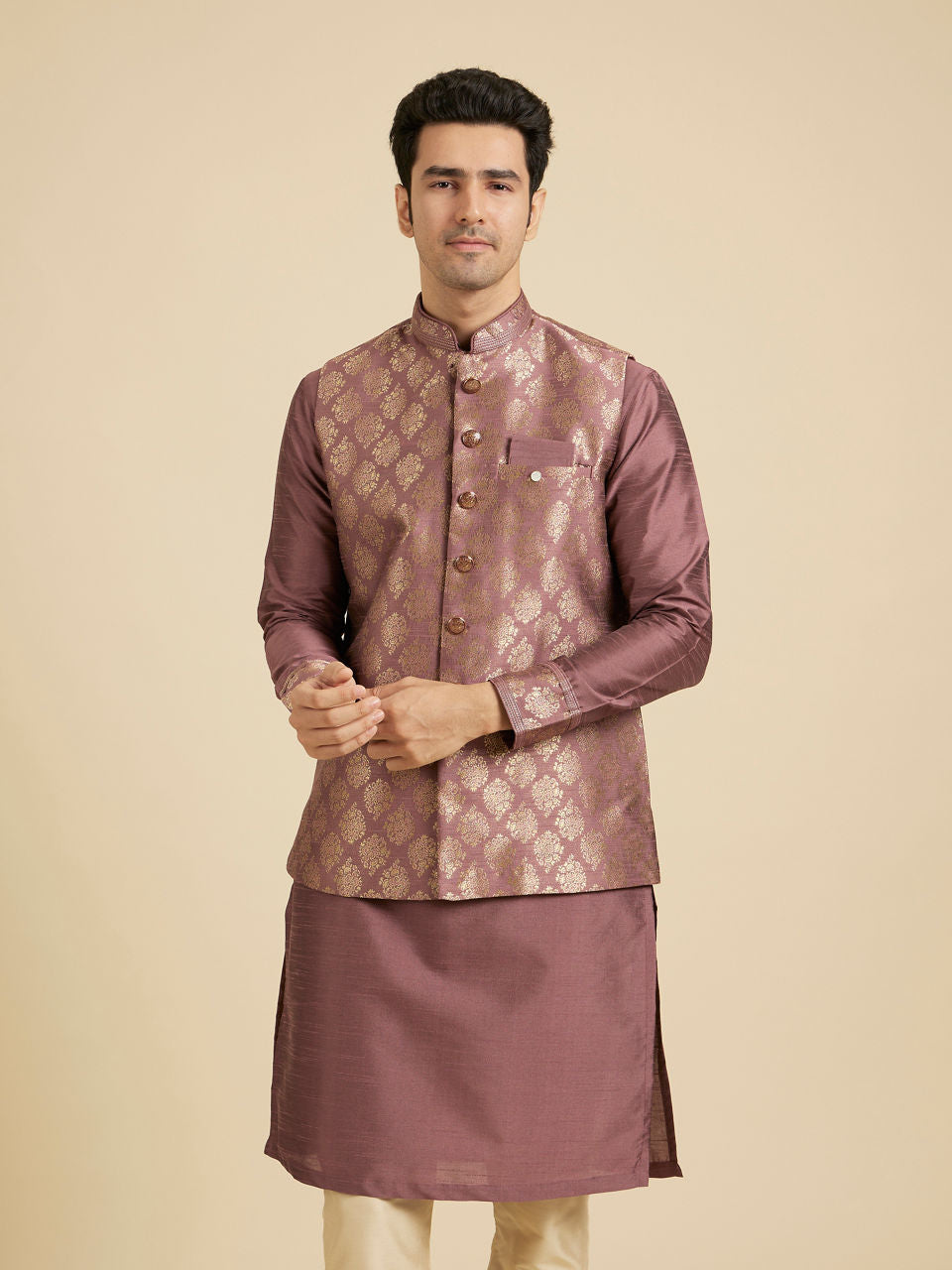 Manyavar Dark Purple Jaal Patterned Jacket Set