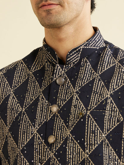 Manyavar Navy Blue Triangular Patterned Jacket Set with Sequin Work - view 2