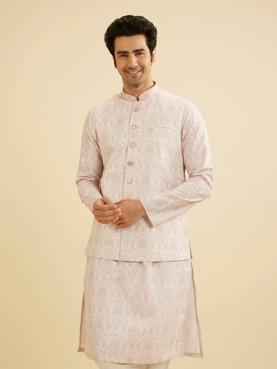 Manyavar Soft Peach Jaal Medallion Patterned Jacket Set