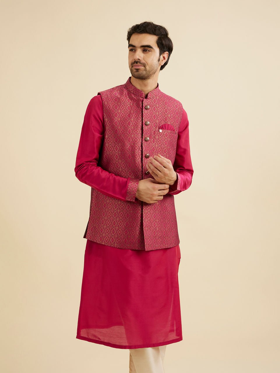 Manyavar Radiant Pink Brocade Kurta Jacket Set