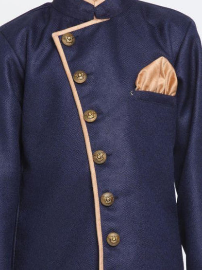 Vastramay Boy's Blue Jute Blend Sherwani Set - PUSHMYCART