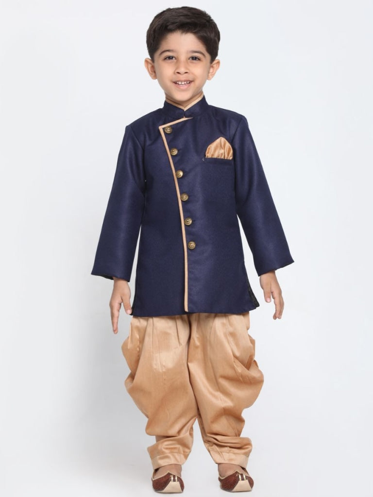 Vastramay Boy's Blue Jute Blend Sherwani Set - PUSHMYCART