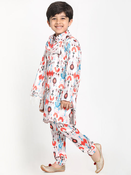 jbn creation boys multicolor base cream silk blend kurta pyjama dupatta set 1