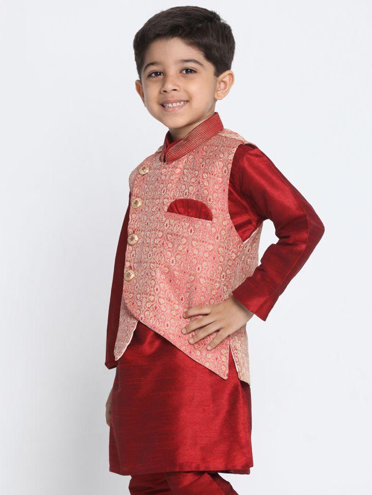 Vastramay Boys' Pink Cotton Silk Blend Nehru Jacket - PUSHMYCART