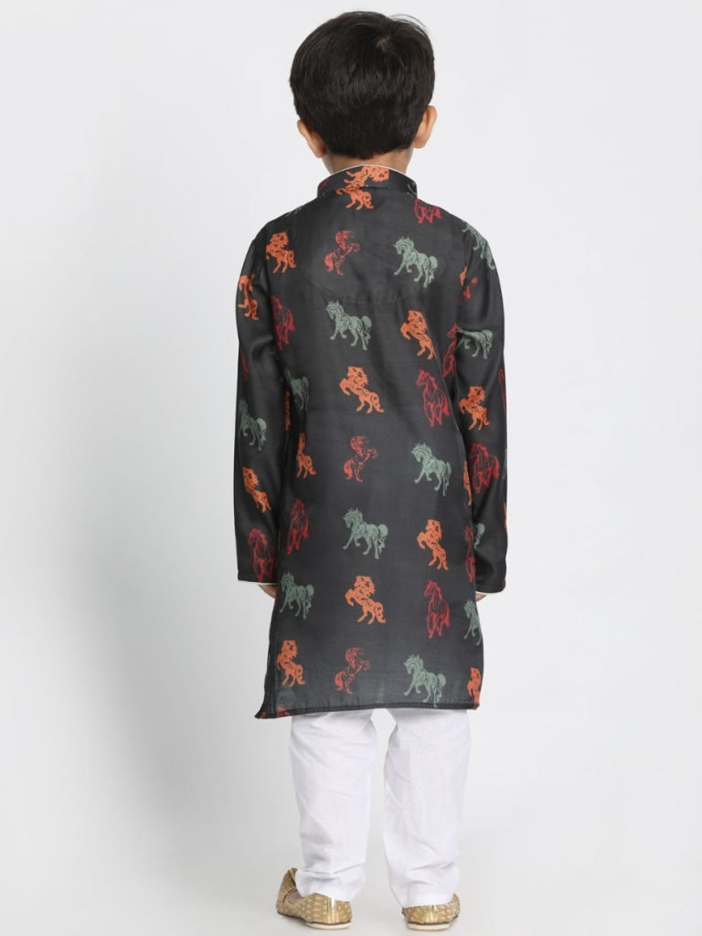 Vastramay Boys' Black Cotton Horse Print Kurta and Pyjama Set - PUSHMYCART