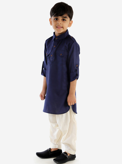 VASTRAMAY Boy's Navy Blue Cotton Blend Pathani Suit Set - PUSHMYCART