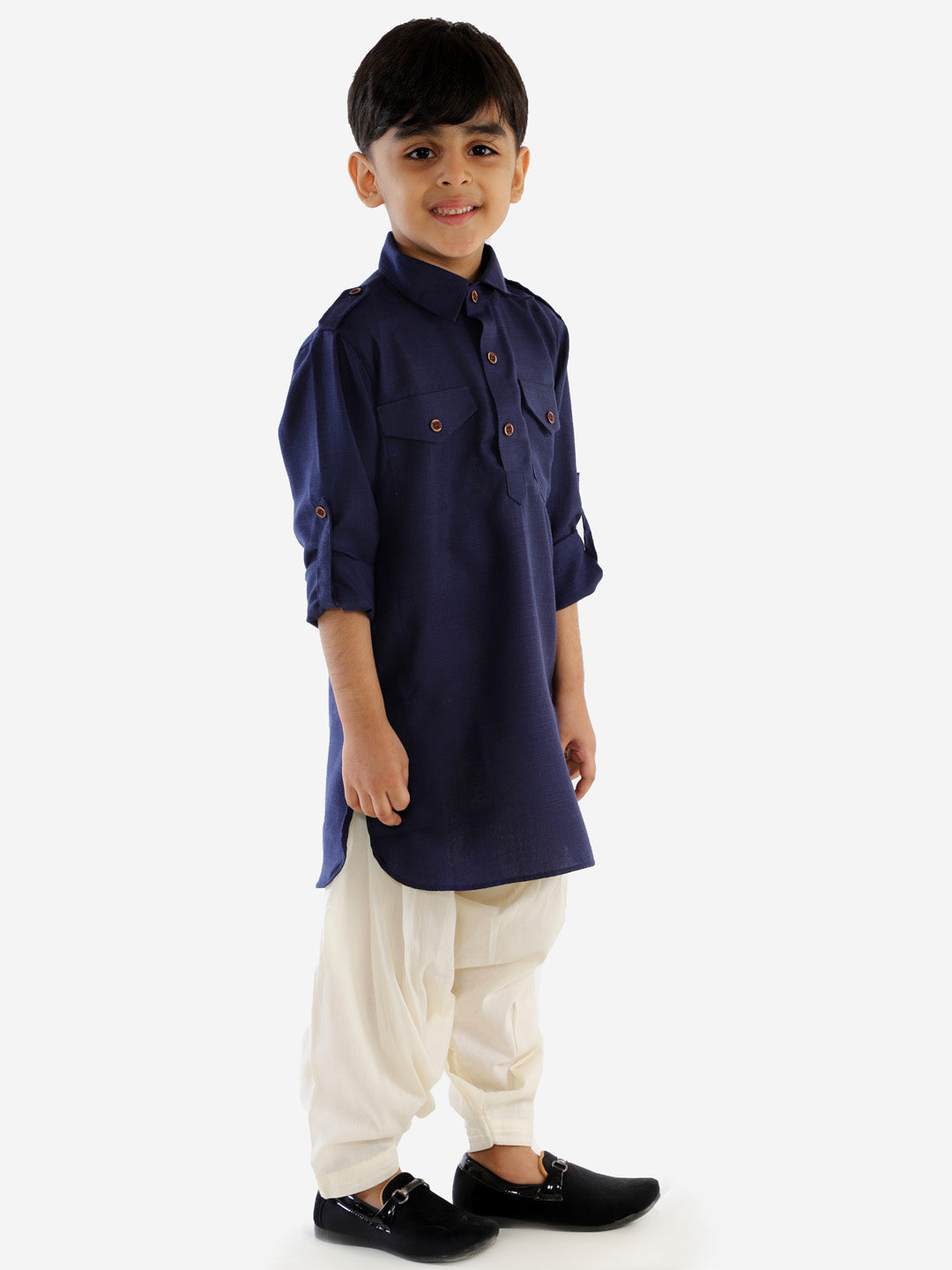 VASTRAMAY Boy's Navy Blue Cotton Blend Pathani Suit Set - PUSHMYCART