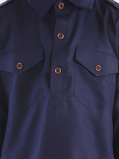 VASTRAMAY Boy's Navy Blue Cotton Blend Pathani Suit Set - PUSHMYCART