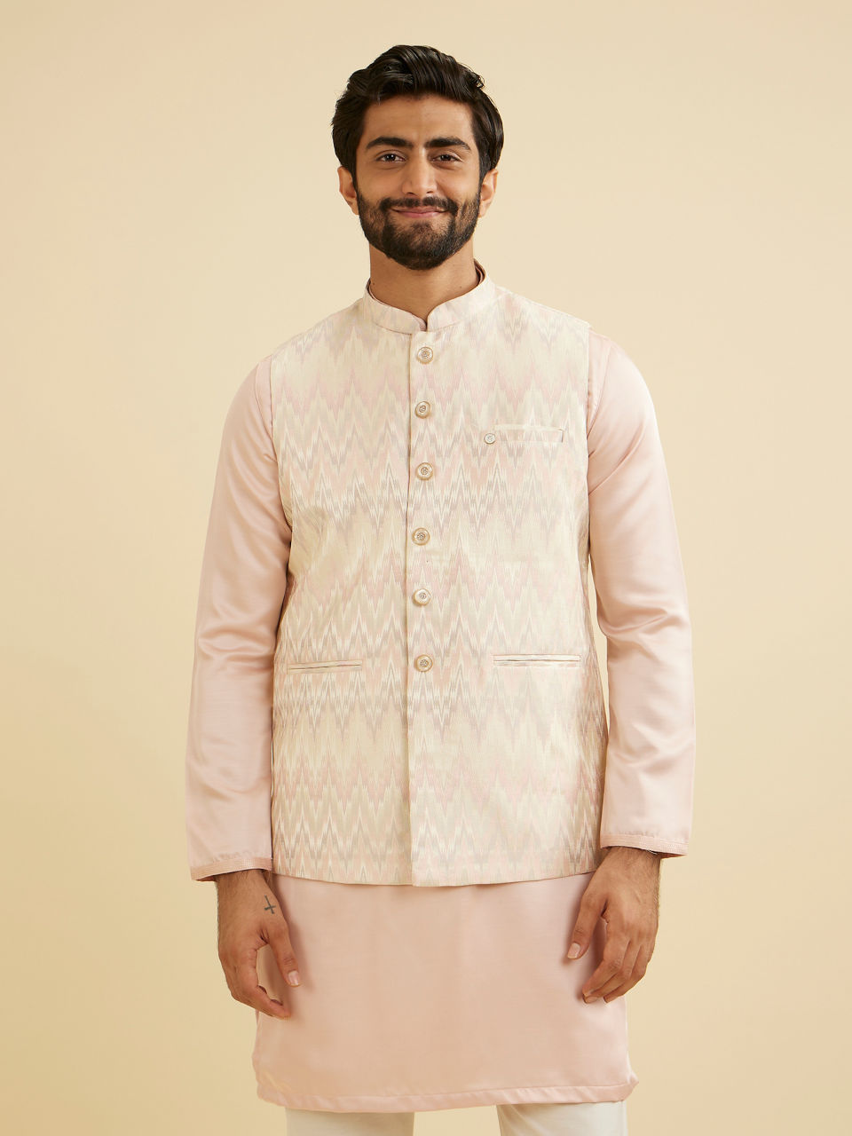 Manyavar Soft Pink Chevron Patterned Jacket