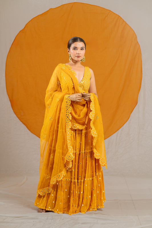 Kzari Opulent Granola Kanch Mirror Lehenga Choli with Dupatta - PUSHMYCART