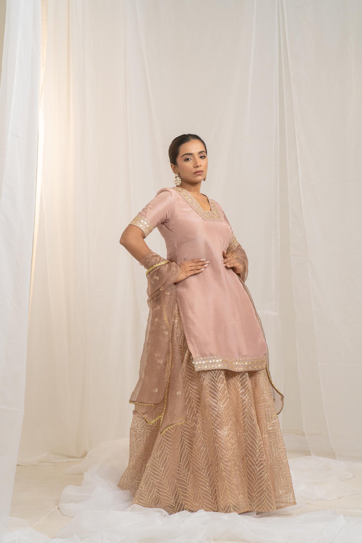 Kzari Kaleji Gold Silk Kurta Set with Organza Lehenga and Dupatta - PUSHMYCART