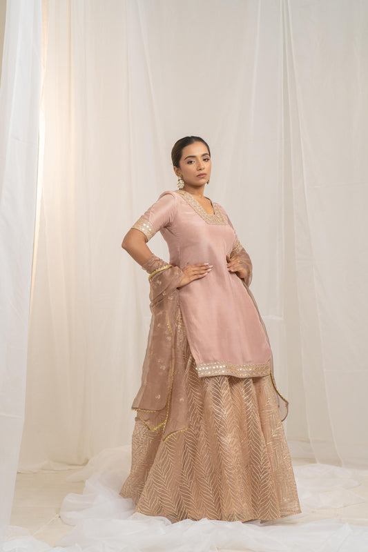Kzari Kaleji Gold Silk Kurta Set with Organza Lehenga and Dupatta - PUSHMYCART