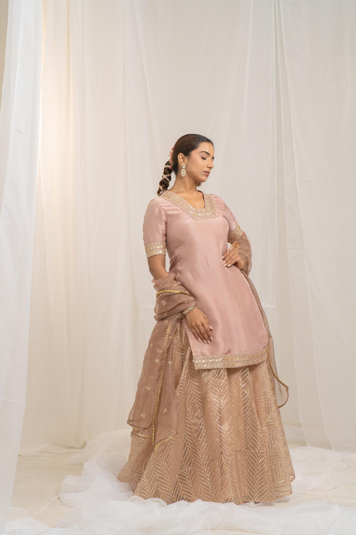 Kzari Kaleji Gold Silk Kurta Set with Organza Lehenga and Dupatta - PUSHMYCART