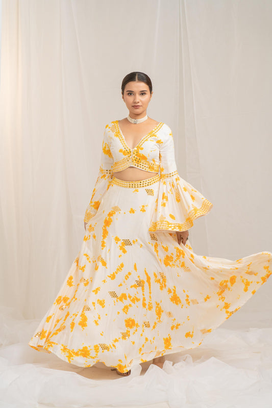 Kzari Whimsical Ruffle Crop Top and Lehenga Set - PUSHMYCART