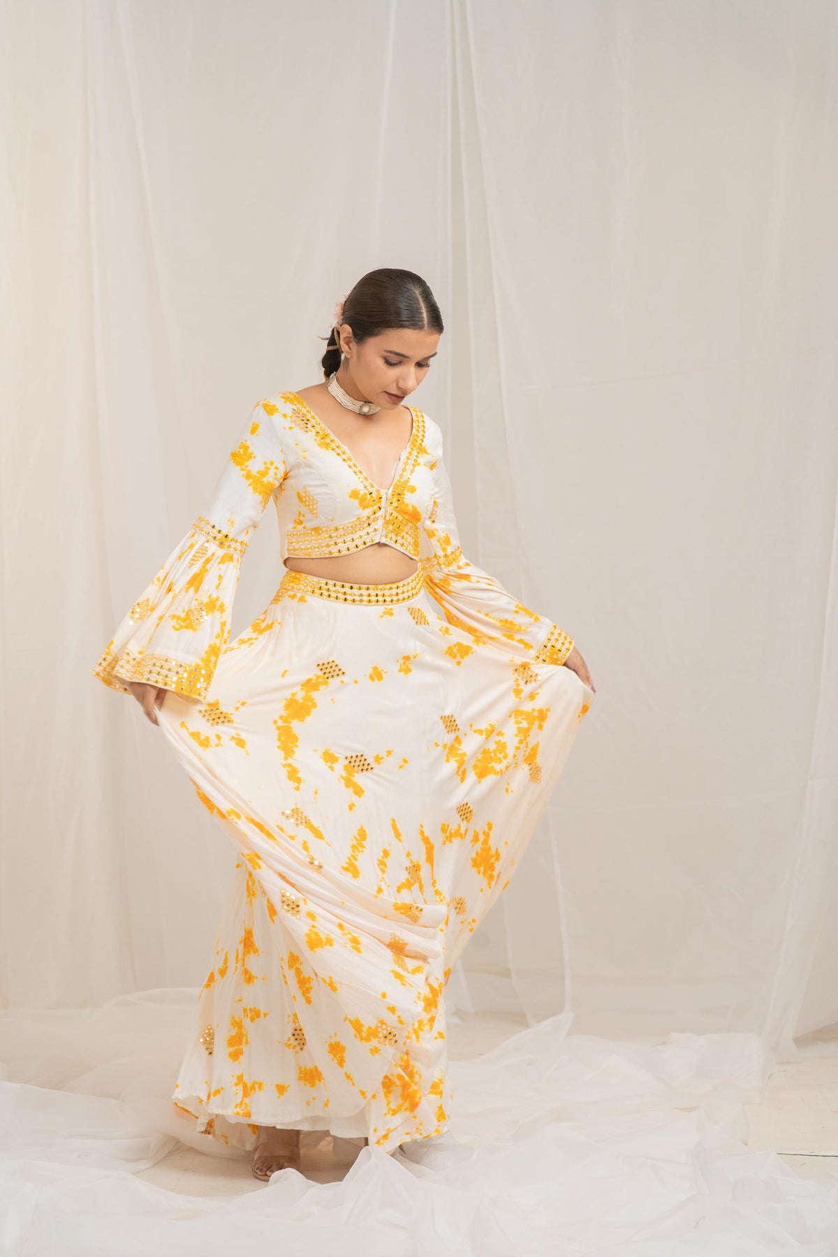 Kzari Whimsical Ruffle Crop Top and Lehenga Set - PUSHMYCART