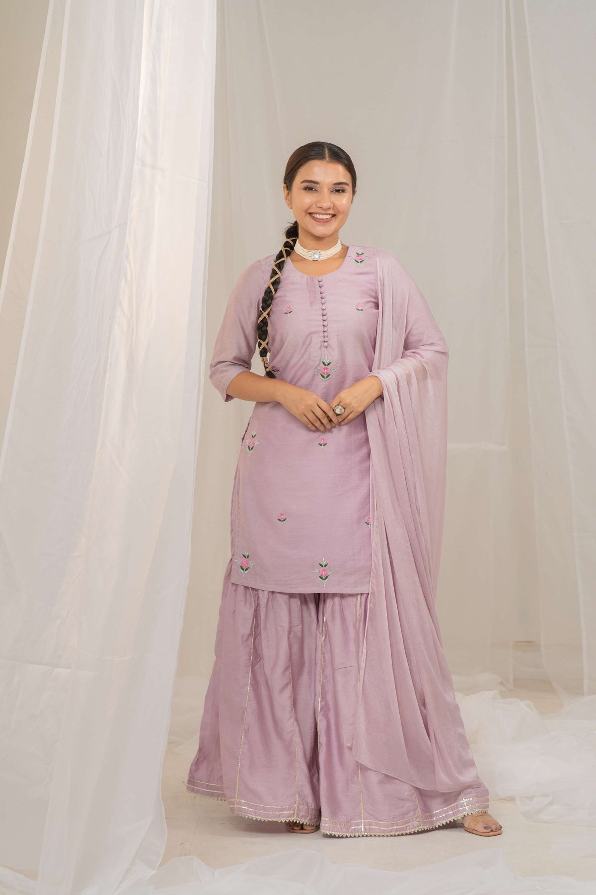 Kzari Chanderi Silk Kurta and Sharara Set with Elegant Embroidery and Chiffon Dupatta - PUSHMYCART