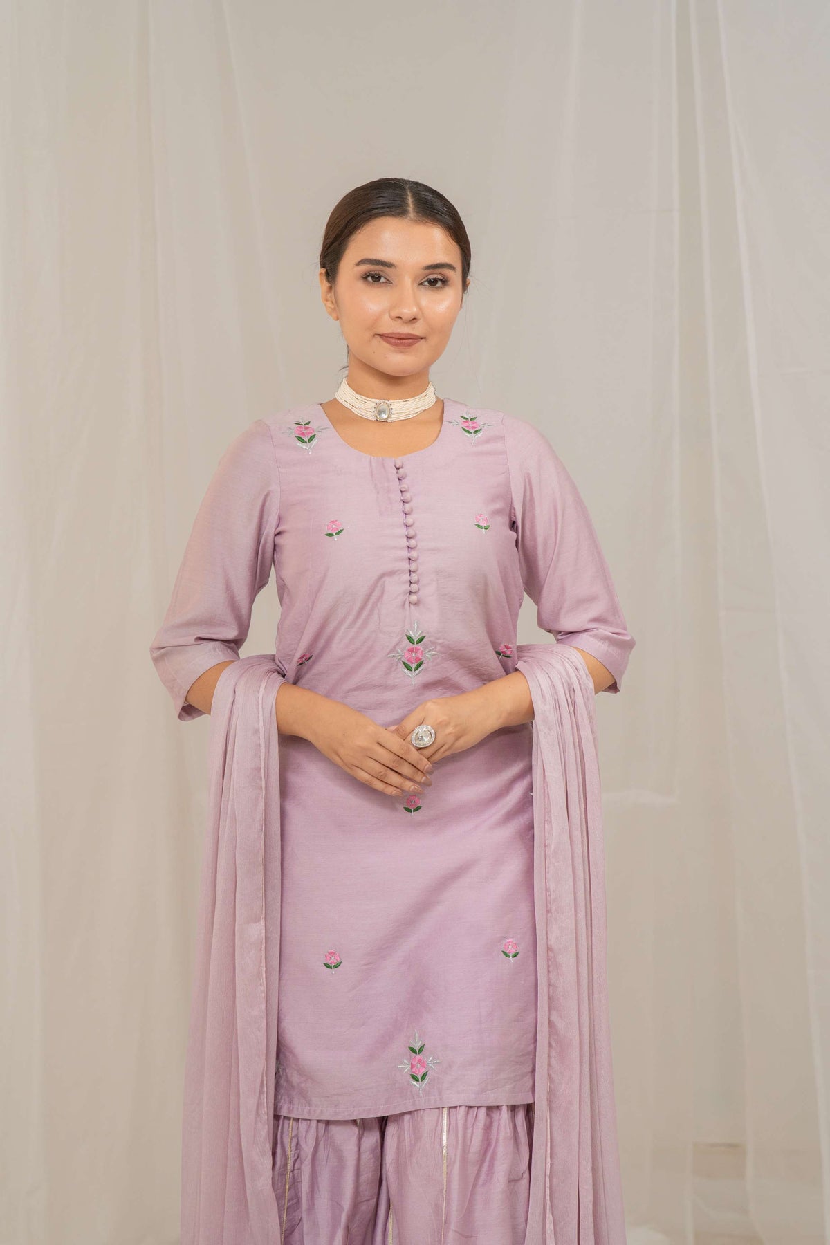 Kzari Chanderi Silk Kurta and Sharara Set with Elegant Embroidery and Chiffon Dupatta - PUSHMYCART