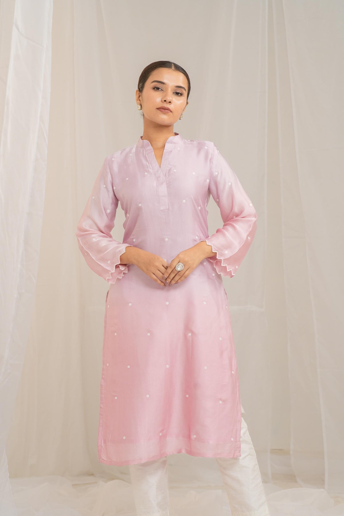 Kzari Pink Cotton Modal Satin Haryali Kurta Pant Set - PUSHMYCART