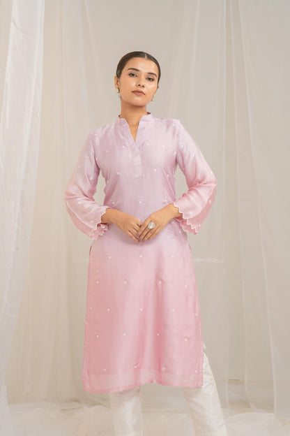 Kzari Pink Cotton Modal Satin Haryali Kurta Pant Set - PUSHMYCART