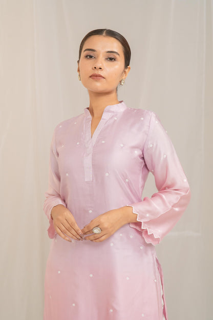 Kzari Pink Cotton Modal Satin Haryali Kurta Pant Set - PUSHMYCART