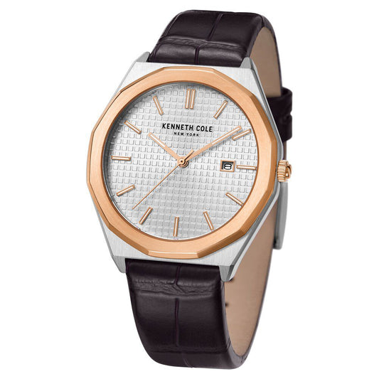 Kenneth Cole Silver Dial Quartz Analog with Date Leather Strap Watch for Men
