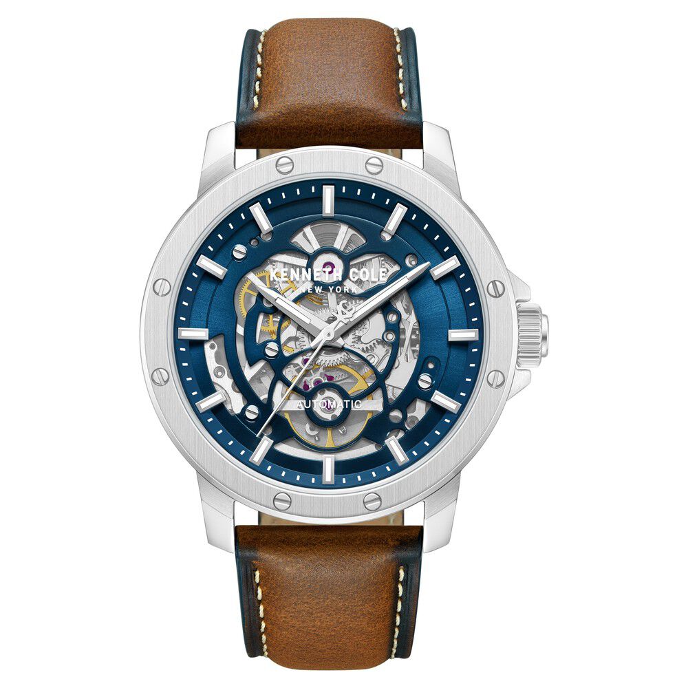 Kenneth Cole Automatic Blue Dial Brown Leather Strap Watch For Men - image 1
